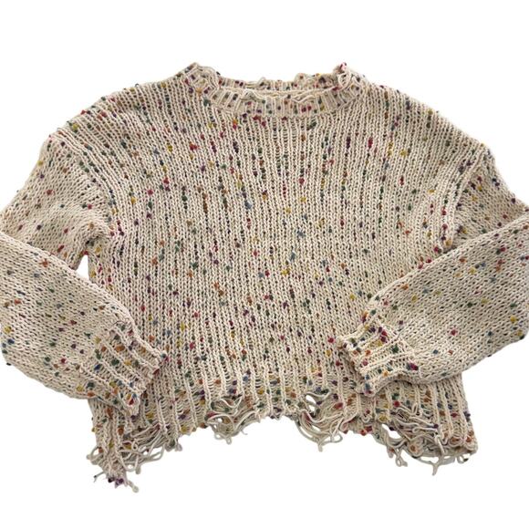 Tularosa Sweater Womens X Small Cream Confetti Distressed Chenille Knit Pom Pom - Picture 2 of 11